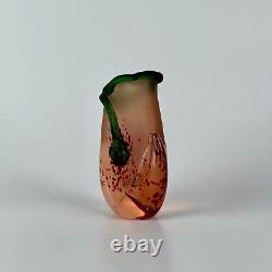 Signed Vintage French Small Glass Vase in Peach-Pink & Green by Verre & Flamme