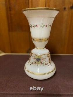 Single translucent, bell shaped, gilded & painted milky white opaline glass vase