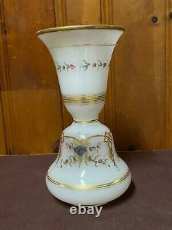 Single translucent, bell shaped, gilded & painted milky white opaline glass vase