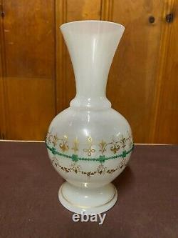 Single translucent, round, gilded cloudy white opaline glass vase