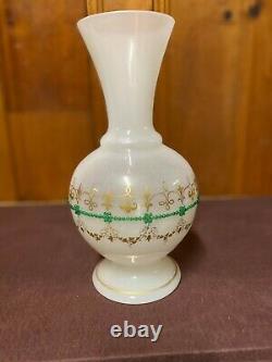 Single translucent, round, gilded cloudy white opaline glass vase