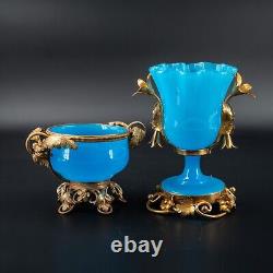 Small Antique French Robin Egg Blue Opaline Glass Bronze Ormolu Vase