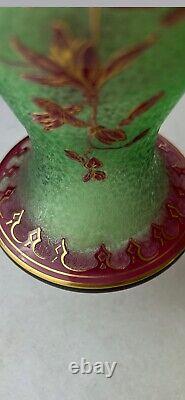 St. Louis Cameo Art Glass Vase with Green Ground & Red Gilt Floral Deco Glows
