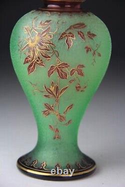 St. Louis France Cameo Art Glass Vase with Green Ground & Red Gilt Floral Deco