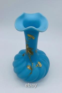 Stunning 19th Century FRENCH BLUE OPALINE Twisted Glass Vase With Gold Enamel