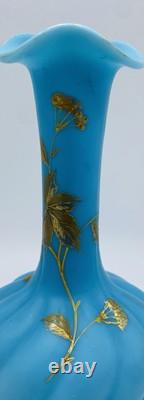 Stunning 19th Century FRENCH BLUE OPALINE Twisted Glass Vase With Gold Enamel