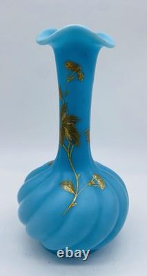 Stunning 19th Century FRENCH BLUE OPALINE Twisted Glass Vase With Gold Enamel