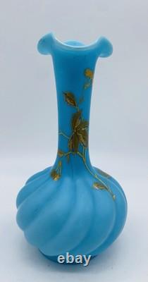 Stunning 19th Century FRENCH BLUE OPALINE Twisted Glass Vase With Gold Enamel