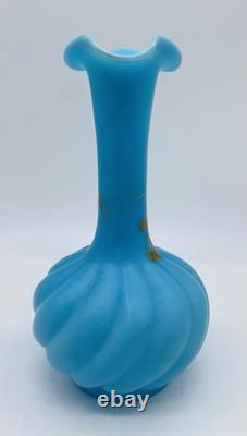 Stunning 19th Century FRENCH BLUE OPALINE Twisted Glass Vase With Gold Enamel