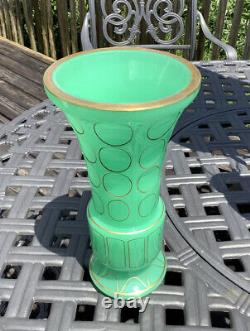 Stunning 19th Century French Green Uranium Opaline Vase Hand Painted Gold Detail