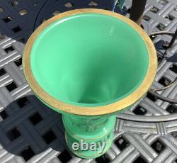 Stunning 19th Century French Green Uranium Opaline Vase Hand Painted Gold Detail