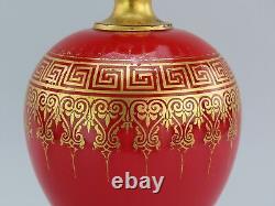 Stunning Late 1800s French Cased Red Glass Gold Gilt Greek Key Vase