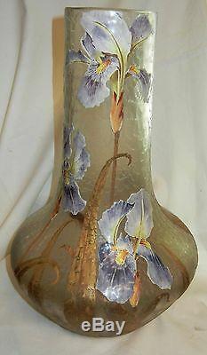Stunning Mont Joye Cameo Art Glass Enameled Ice Vase 15.5h