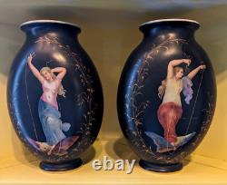 Stunning Pair Antique 19th C French Hand Painted Opaline Signed Baccarat Vases