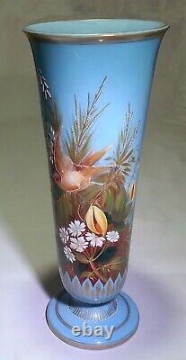 Superb French Art Nouveau Baccarat Blue Glass Vase Enamel High Relief Bird