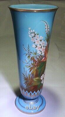 Superb French Art Nouveau Baccarat Blue Glass Vase Enamel High Relief Bird