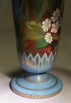 Superb French Art Nouveau Baccarat Blue Glass Vase Enamel High Relief Bird