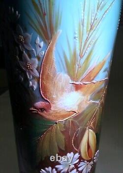 Superb French Art Nouveau Baccarat Blue Glass Vase Enamel High Relief Bird