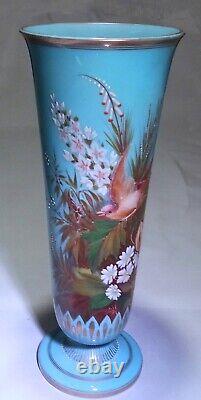 Superb French Art Nouveau Baccarat Blue Glass Vase Enamel High Relief Bird