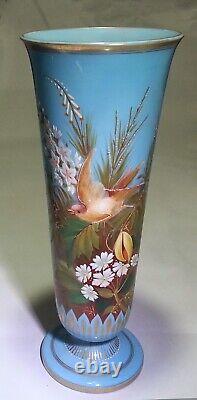 Superb French Art Nouveau Baccarat Blue Glass Vase Enamel High Relief Bird