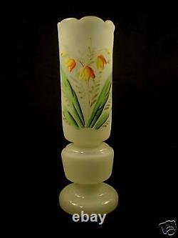 TALL ANTIQUE FRENCH OPALINE GLASS HAND PAINTED 13 VASE, c. 1880-1900