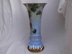 Tall Antique French Enameled Glass Vase, Art Nouveau, Gilt Bronze Mount, Signed