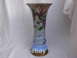 Tall Antique French Enameled Glass Vase, Art Nouveau, Gilt Bronze Mount, Signed
