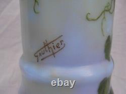 Tall Antique French Enameled Glass Vase, Art Nouveau, Gilt Bronze Mount, Signed