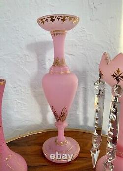 Trio of Antique 19th Century French Opaline Two Vases and a Mantle Lustre