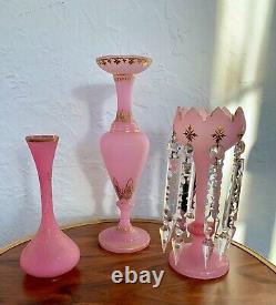 Trio of Antique 19th Century French Opaline Two Vases and a Mantle Lustre