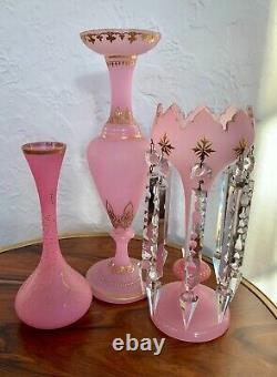 Trio of Antique 19th Century French Opaline Two Vases and a Mantle Lustre