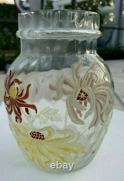 Uranium Art Nouveau Glass Vase Dahlia Mums Optic Enameled French Galle Legras