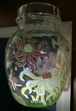 Uranium Art Nouveau Glass Vase Dahlia Mums Optic Enameled French Galle Legras