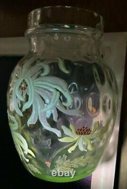 Uranium Art Nouveau Glass Vase Dahlia Mums Optic Enameled French Galle Legras