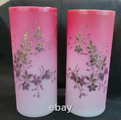 VINTAGE FRENCH ART GLASS PAIR OF PINK SATIN VASES With GOLD LEAVES