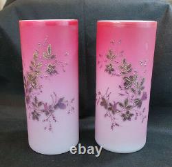 VINTAGE FRENCH ART GLASS PAIR OF PINK SATIN VASES With GOLD LEAVES