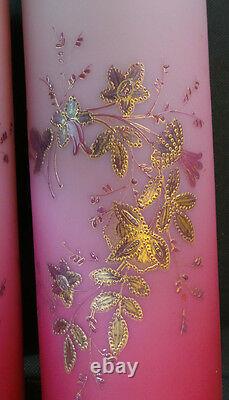 VINTAGE FRENCH ART GLASS PAIR OF PINK SATIN VASES With GOLD LEAVES