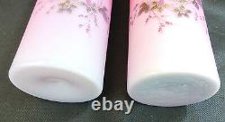 VINTAGE FRENCH ART GLASS PAIR OF PINK SATIN VASES With GOLD LEAVES