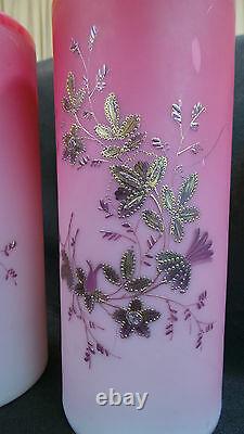 VINTAGE FRENCH ART GLASS PAIR OF PINK SATIN VASES With GOLD LEAVES