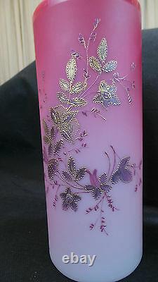 VINTAGE FRENCH ART GLASS PAIR OF PINK SATIN VASES With GOLD LEAVES