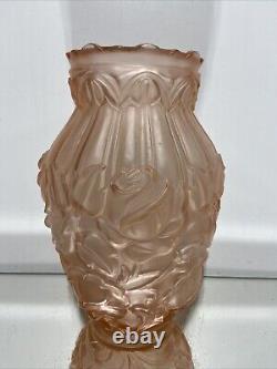 VTG. French Art Deco Satin Pink Frosted Roses Glass Flower Vase