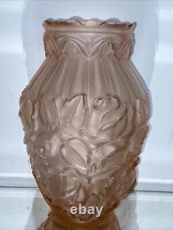 VTG. French Art Deco Satin Pink Frosted Roses Glass Flower Vase