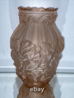 VTG. French Art Deco Satin Pink Frosted Roses Glass Flower Vase