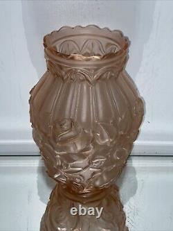 VTG. French Art Deco Satin Pink Frosted Roses Glass Flower Vase