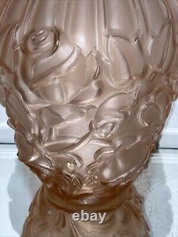 VTG. French Art Deco Satin Pink Frosted Roses Glass Flower Vase