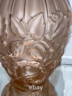 VTG. French Art Deco Satin Pink Frosted Roses Glass Flower Vase