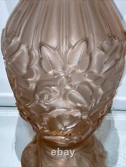 VTG. French Art Deco Satin Pink Frosted Roses Glass Flower Vase