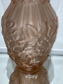 VTG. French Art Deco Satin Pink Frosted Roses Glass Flower Vase