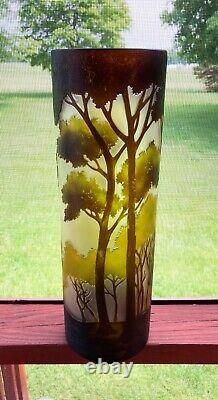 VTG Gallé Style French Art Nouveau Cameo Art Glass Vase Trees Landscape 15