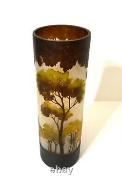 VTG Gallé Style French Art Nouveau Cameo Art Glass Vase Trees Landscape 15